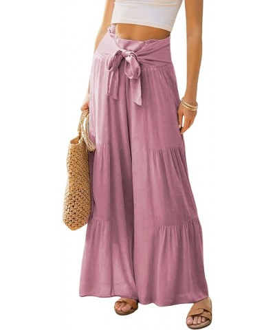 Women's Tiered Palazzo Pants Flowy Elastic High Waisted Wide Leg Beach Pants Pink $19.24 Pants