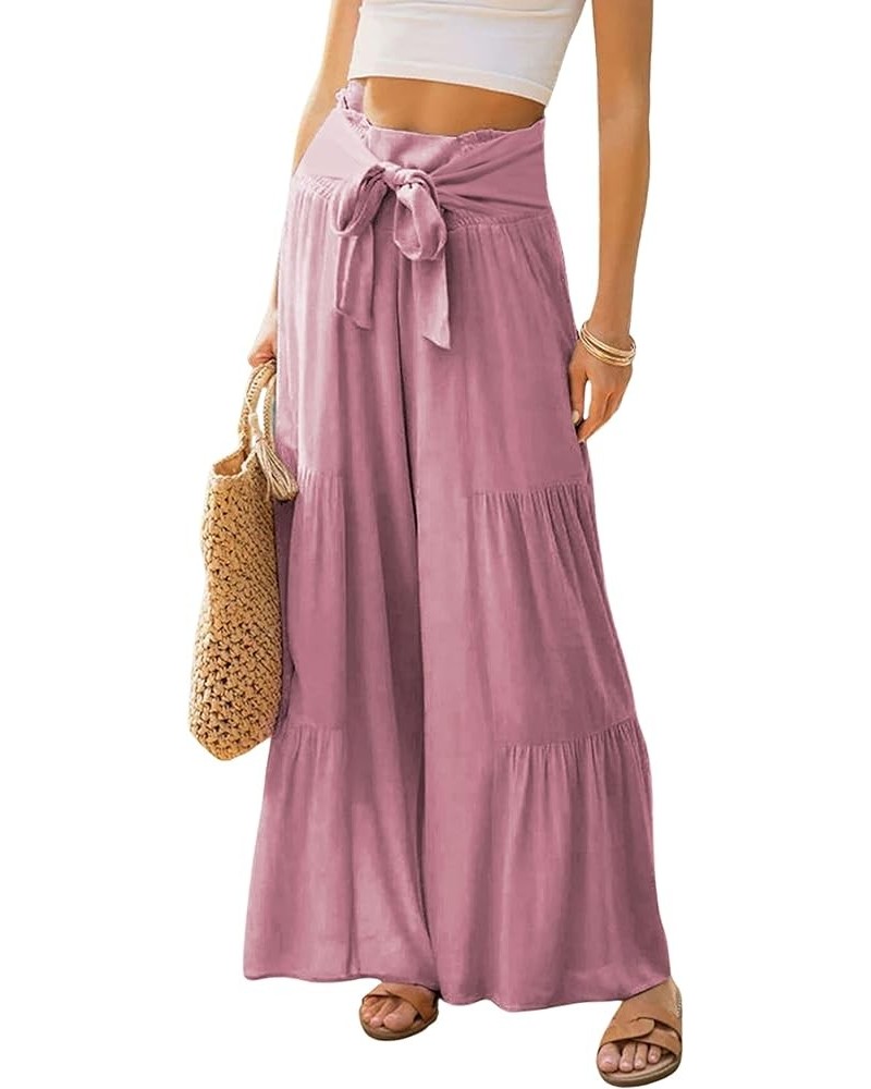 Women's Tiered Palazzo Pants Flowy Elastic High Waisted Wide Leg Beach Pants Pink $19.24 Pants