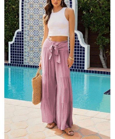 Women's Tiered Palazzo Pants Flowy Elastic High Waisted Wide Leg Beach Pants Pink $19.24 Pants