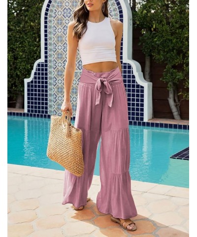 Women's Tiered Palazzo Pants Flowy Elastic High Waisted Wide Leg Beach Pants Pink $19.24 Pants