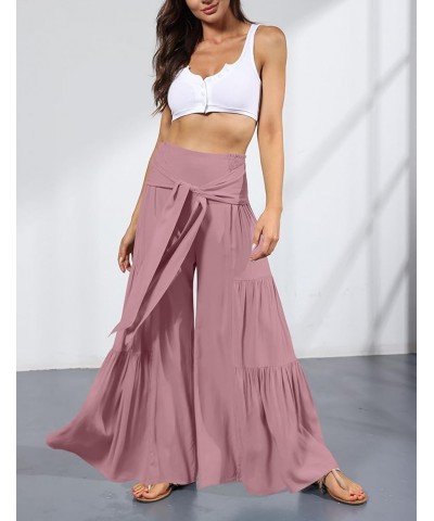 Women's Tiered Palazzo Pants Flowy Elastic High Waisted Wide Leg Beach Pants Pink $19.24 Pants