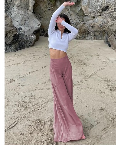 Women's Tiered Palazzo Pants Flowy Elastic High Waisted Wide Leg Beach Pants Pink $19.24 Pants