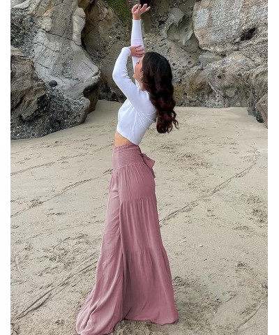 Women's Tiered Palazzo Pants Flowy Elastic High Waisted Wide Leg Beach Pants Pink $19.24 Pants