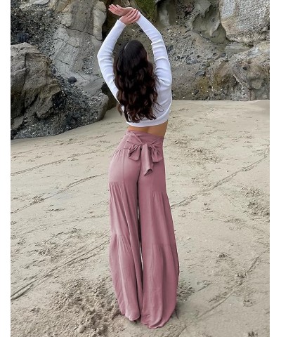 Women's Tiered Palazzo Pants Flowy Elastic High Waisted Wide Leg Beach Pants Pink $19.24 Pants