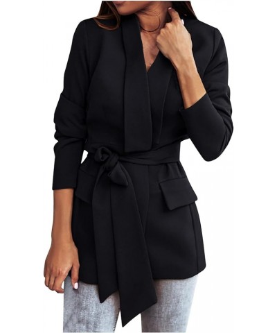 Womens Blazers for Work Professional Solid Color Belted Blazer Jackets Fashion Slim Fit Lapel Suits with Pockets Black $12.03...