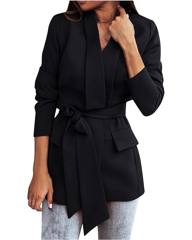 Womens Blazers for Work Professional Solid Color Belted Blazer Jackets Fashion Slim Fit Lapel Suits with Pockets Black $12.03...