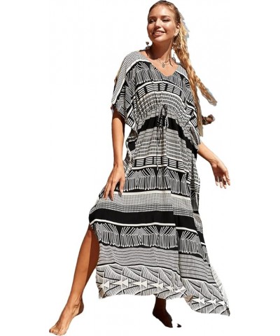 Women Geometric Print Kaftan Dresses Caftans Loungewear with Waist Drawstring C0 $20.29 Swimsuits