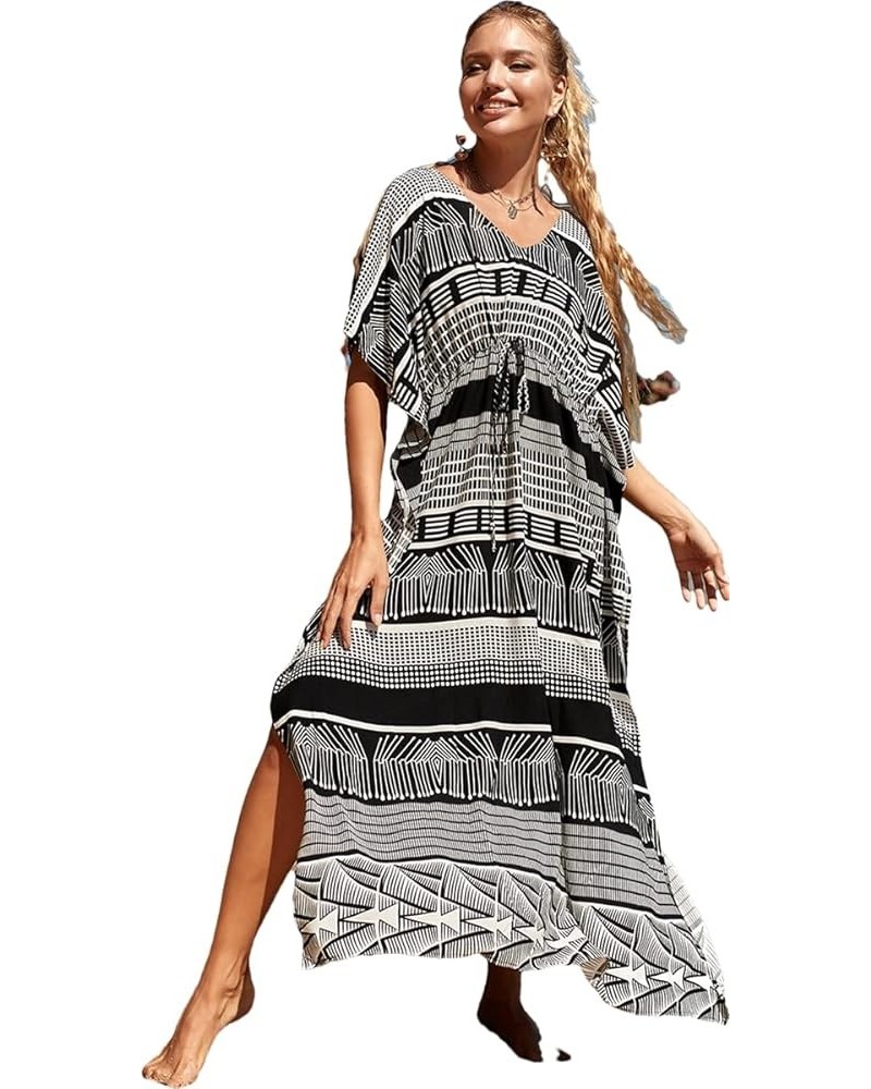 Women Geometric Print Kaftan Dresses Caftans Loungewear with Waist Drawstring C0 $20.29 Swimsuits