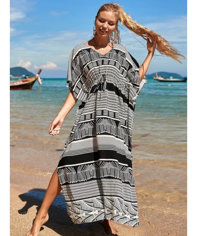 Women Geometric Print Kaftan Dresses Caftans Loungewear with Waist Drawstring C0 $20.29 Swimsuits