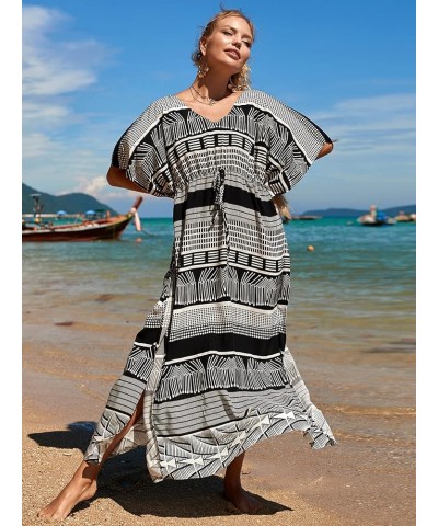 Women Geometric Print Kaftan Dresses Caftans Loungewear with Waist Drawstring C0 $20.29 Swimsuits