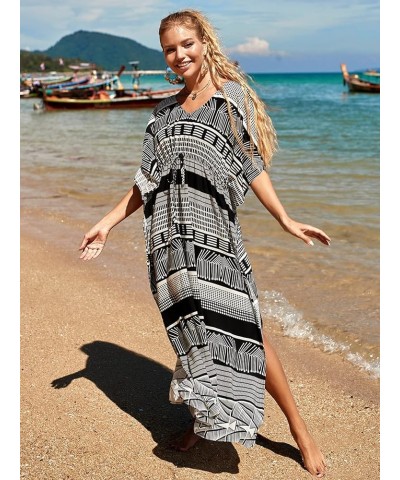 Women Geometric Print Kaftan Dresses Caftans Loungewear with Waist Drawstring C0 $20.29 Swimsuits