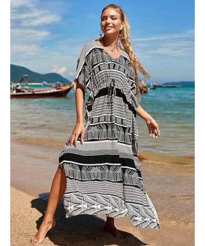 Women Geometric Print Kaftan Dresses Caftans Loungewear with Waist Drawstring C0 $20.29 Swimsuits