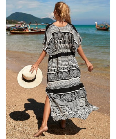 Women Geometric Print Kaftan Dresses Caftans Loungewear with Waist Drawstring C0 $20.29 Swimsuits