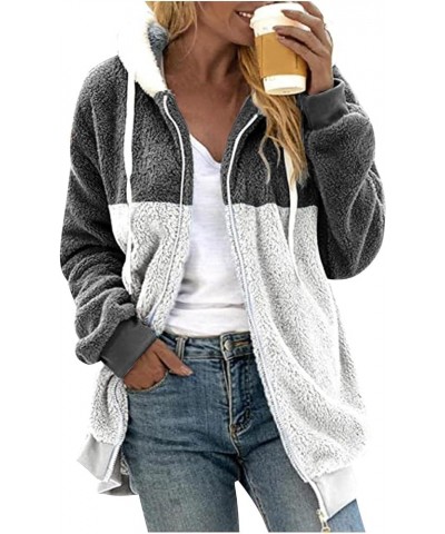 Coats for Women, Women's Fashion Casual Loose Plush Striped Zipper Long Sleeve Stitching Hooded Jacket Coat 3-dark Gray $15.7...