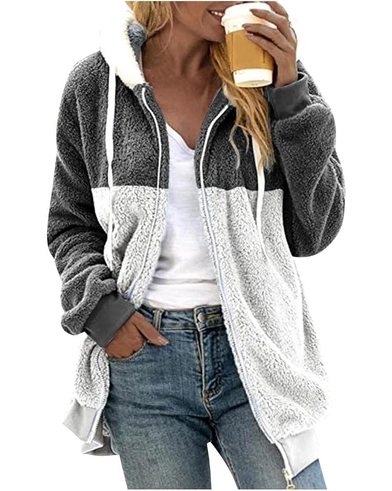 Coats for Women, Women's Fashion Casual Loose Plush Striped Zipper Long Sleeve Stitching Hooded Jacket Coat 3-dark Gray $15.7...