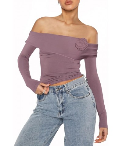 Women Y2k Off Shoulder Top Sexy Long Sleeve Slim Fitted Tee Basic Solid Flare Sleeve T Shirts Streetwear V-flower Off Shoulde...