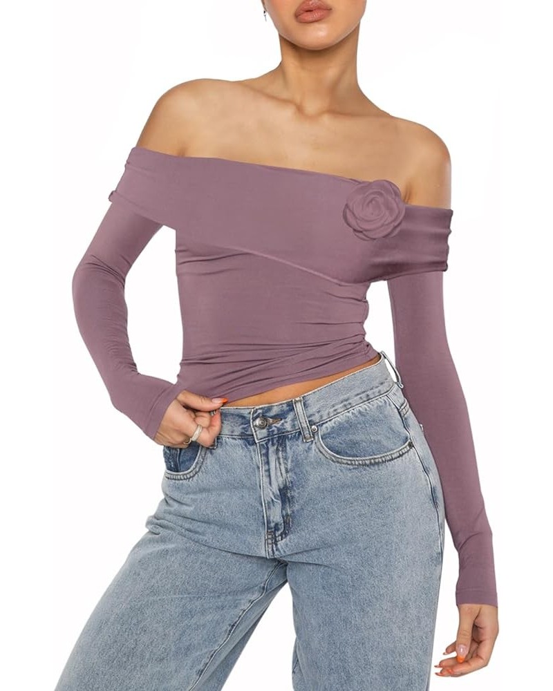 Women Y2k Off Shoulder Top Sexy Long Sleeve Slim Fitted Tee Basic Solid Flare Sleeve T Shirts Streetwear V-flower Off Shoulde...