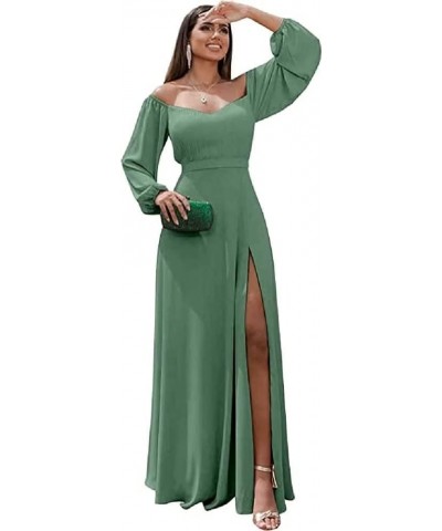 Long Sleeve Off The Shoulder Bridesmaid Dresses Chiffon Long Prom Formal Dress with Slit Evening Party Gown Tea Green $35.25 ...