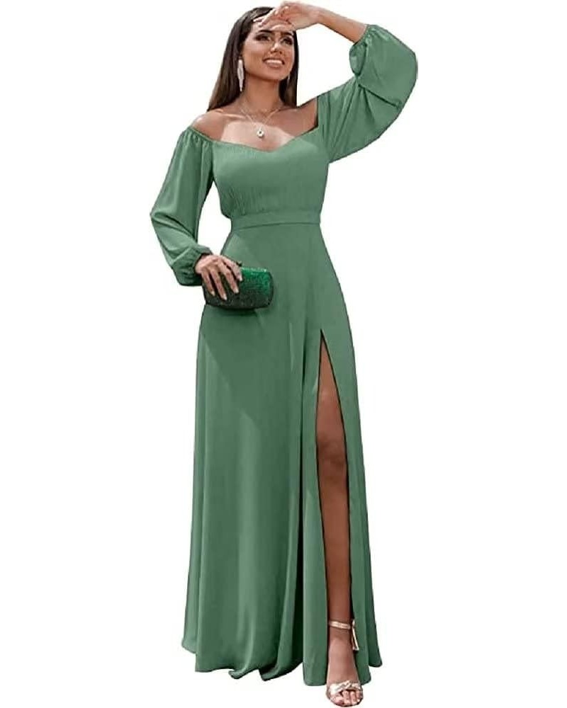 Long Sleeve Off The Shoulder Bridesmaid Dresses Chiffon Long Prom Formal Dress with Slit Evening Party Gown Tea Green $35.25 ...