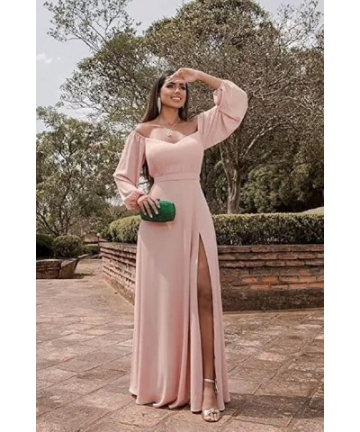 Long Sleeve Off The Shoulder Bridesmaid Dresses Chiffon Long Prom Formal Dress with Slit Evening Party Gown Tea Green $35.25 ...