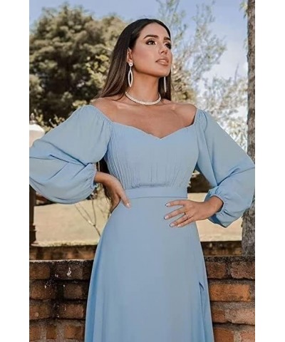 Long Sleeve Off The Shoulder Bridesmaid Dresses Chiffon Long Prom Formal Dress with Slit Evening Party Gown Tea Green $35.25 ...