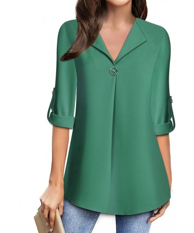 Womens Roll Up 3/4 Sleeve Chiffon Blouses Trendy Dressy Work Casual V Neck Tops Green $7.79 Blouses