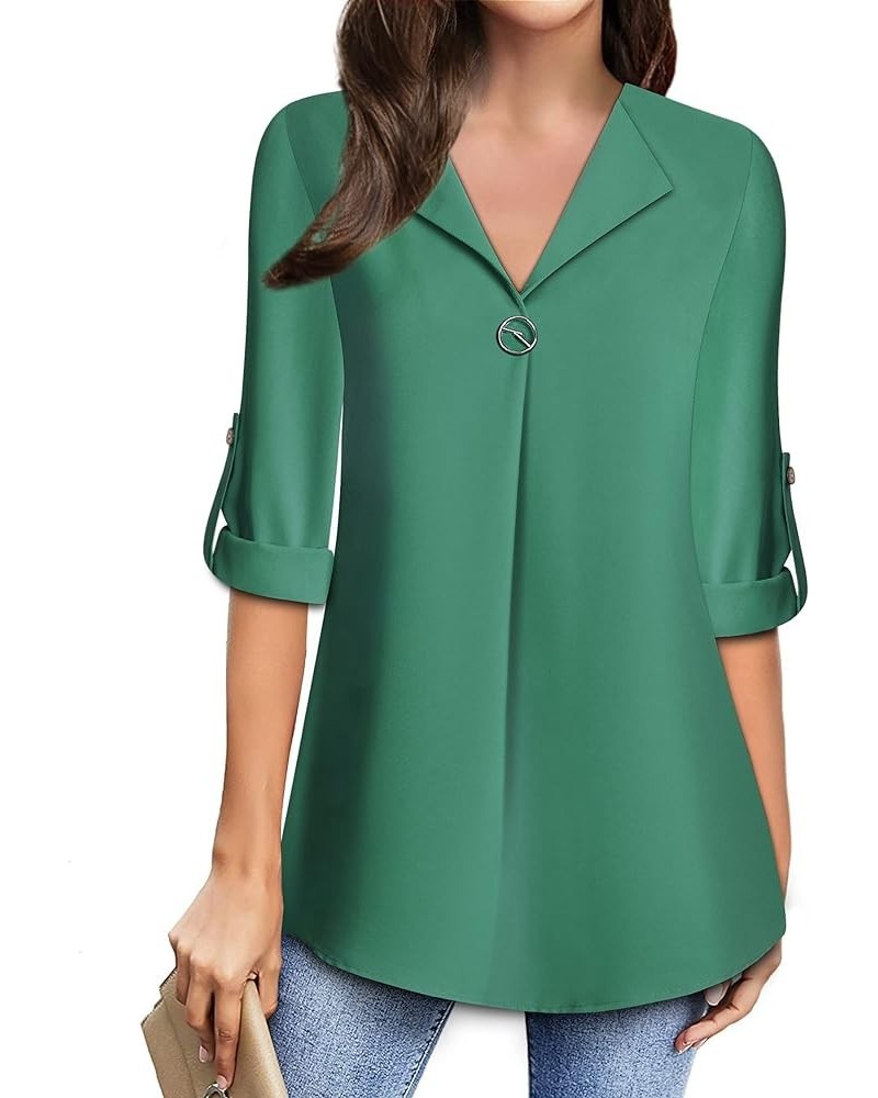 Womens Roll Up 3/4 Sleeve Chiffon Blouses Trendy Dressy Work Casual V Neck Tops Green $7.79 Blouses