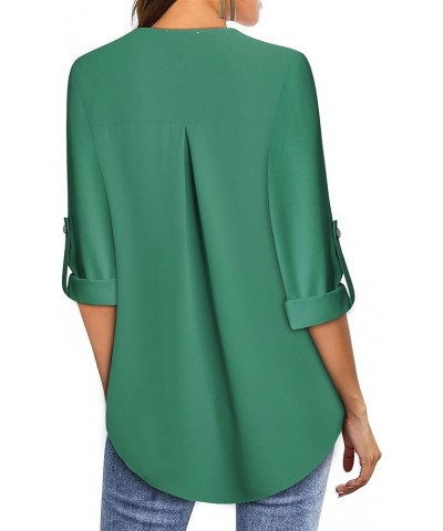 Womens Roll Up 3/4 Sleeve Chiffon Blouses Trendy Dressy Work Casual V Neck Tops Green $7.79 Blouses