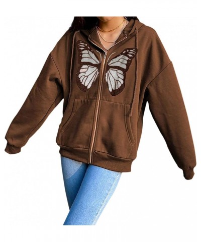 Women's Y2K Hoodie Butterfly Graphic Oversized Sweatshirt Zip Up Long Sleeve Jacket Coat Fashion E-Girl Streetwear (Brown But...