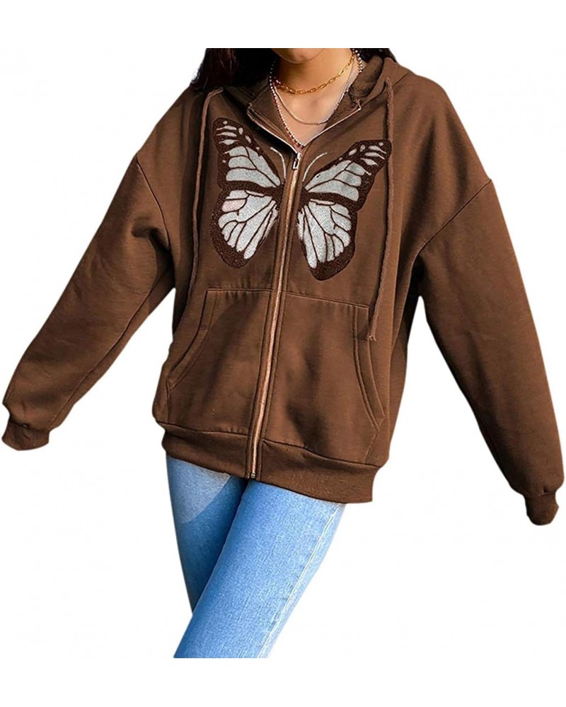 Women's Y2K Hoodie Butterfly Graphic Oversized Sweatshirt Zip Up Long Sleeve Jacket Coat Fashion E-Girl Streetwear (Brown But...