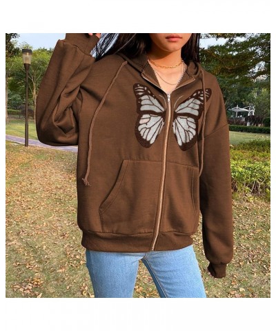 Women's Y2K Hoodie Butterfly Graphic Oversized Sweatshirt Zip Up Long Sleeve Jacket Coat Fashion E-Girl Streetwear (Brown But...