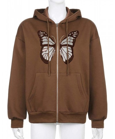 Women's Y2K Hoodie Butterfly Graphic Oversized Sweatshirt Zip Up Long Sleeve Jacket Coat Fashion E-Girl Streetwear (Brown But...