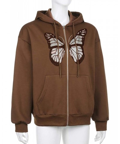 Women's Y2K Hoodie Butterfly Graphic Oversized Sweatshirt Zip Up Long Sleeve Jacket Coat Fashion E-Girl Streetwear (Brown But...