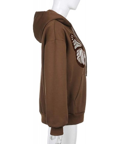 Women's Y2K Hoodie Butterfly Graphic Oversized Sweatshirt Zip Up Long Sleeve Jacket Coat Fashion E-Girl Streetwear (Brown But...