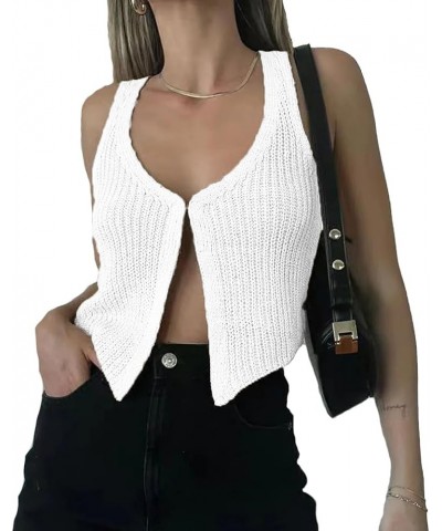 Women Y2k Vintage Hook Eye Knit Top Vest V Neck Sleeveless Solid Causal Open Front Sweater Vest Streetwear White $11.79 Sweaters