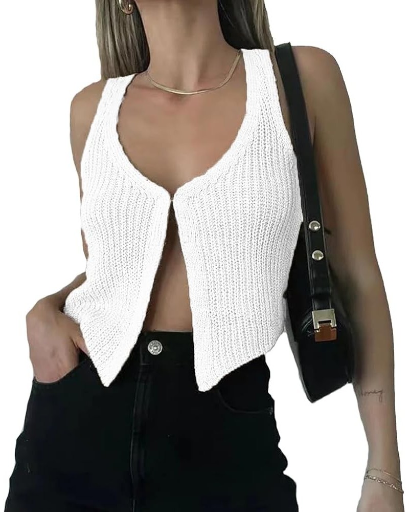 Women Y2k Vintage Hook Eye Knit Top Vest V Neck Sleeveless Solid Causal Open Front Sweater Vest Streetwear White $11.79 Sweaters