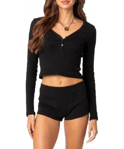 Women's 2 Piece Ribbed Knit Pajama Set Long Sleeve Button Down Tops and Shorts Lounge Set Sleepwear Z-black $13.00 Sleep & Lo...