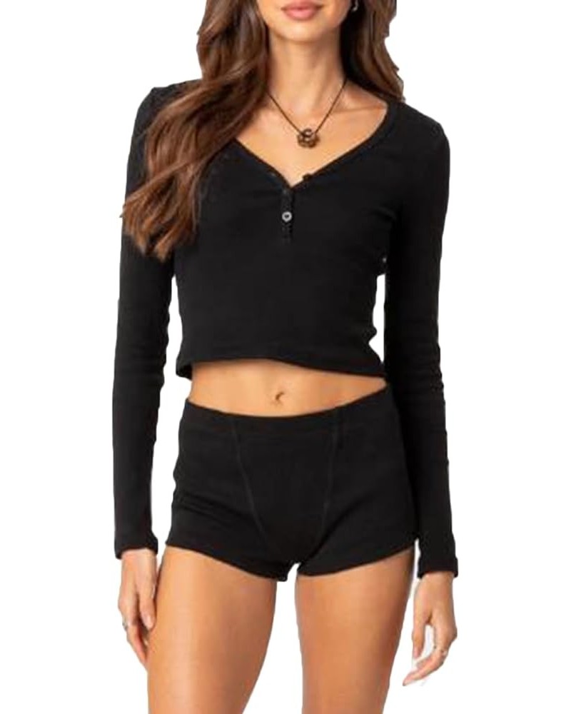 Women's 2 Piece Ribbed Knit Pajama Set Long Sleeve Button Down Tops and Shorts Lounge Set Sleepwear Z-black $13.00 Sleep & Lo...