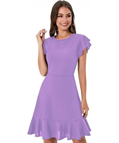 Women's V Back Inslace Layered Ruffle Hem Flutter Sleeve Dress Lilac Purple $10.86 Dresses