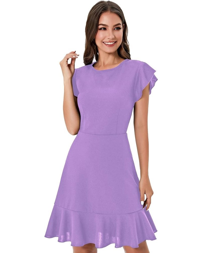 Women's V Back Inslace Layered Ruffle Hem Flutter Sleeve Dress Lilac Purple $10.86 Dresses