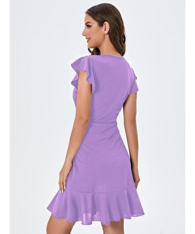 Women's V Back Inslace Layered Ruffle Hem Flutter Sleeve Dress Lilac Purple $10.86 Dresses