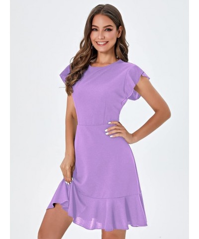 Women's V Back Inslace Layered Ruffle Hem Flutter Sleeve Dress Lilac Purple $10.86 Dresses