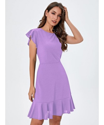 Women's V Back Inslace Layered Ruffle Hem Flutter Sleeve Dress Lilac Purple $10.86 Dresses