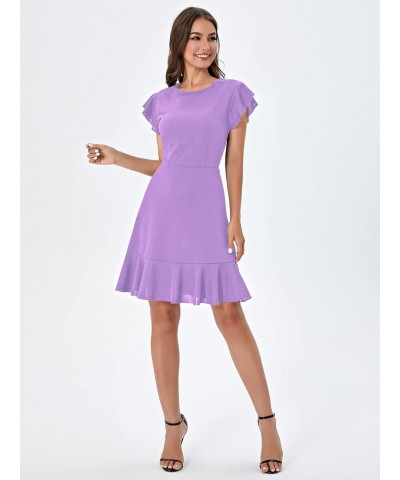 Women's V Back Inslace Layered Ruffle Hem Flutter Sleeve Dress Lilac Purple $10.86 Dresses