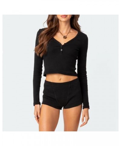 Women's 2 Piece Ribbed Knit Pajama Set Long Sleeve Button Down Tops and Shorts Lounge Set Sleepwear Z-black $13.00 Sleep & Lo...