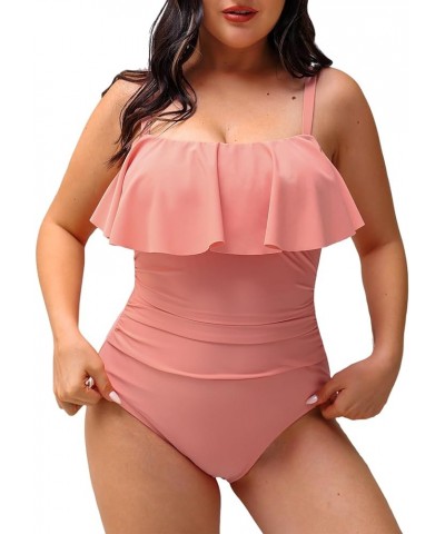 Women Swimsuit Plus Size One Piece Bathing Suit Flowy Ruffle Trim Ruched Front Tummy Control Coral Pink $16.75 Swimsuits