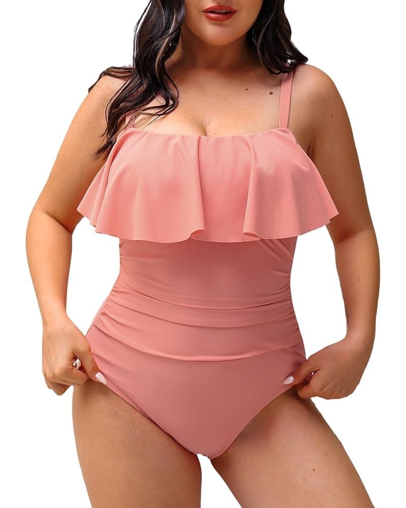 Women Swimsuit Plus Size One Piece Bathing Suit Flowy Ruffle Trim Ruched Front Tummy Control Coral Pink $16.75 Swimsuits