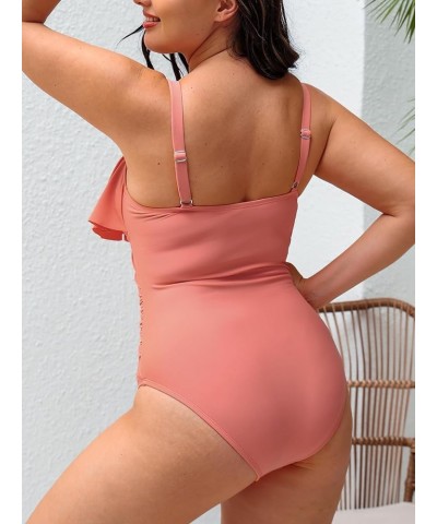 Women Swimsuit Plus Size One Piece Bathing Suit Flowy Ruffle Trim Ruched Front Tummy Control Coral Pink $16.75 Swimsuits