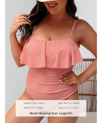 Women Swimsuit Plus Size One Piece Bathing Suit Flowy Ruffle Trim Ruched Front Tummy Control Coral Pink $16.75 Swimsuits