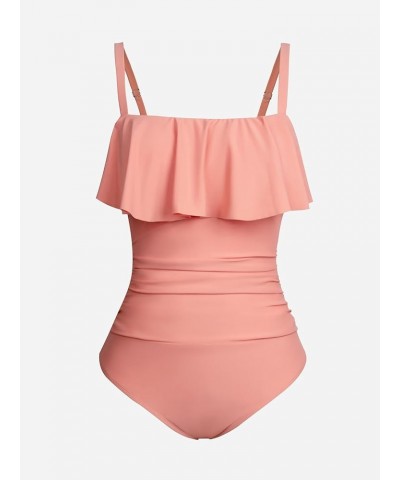 Women Swimsuit Plus Size One Piece Bathing Suit Flowy Ruffle Trim Ruched Front Tummy Control Coral Pink $16.75 Swimsuits